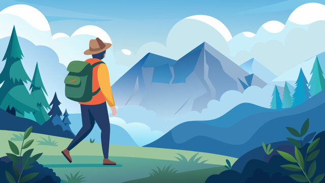 A lone hiker with a backpack walks through a scenic mountain landscape with pine trees and clouds