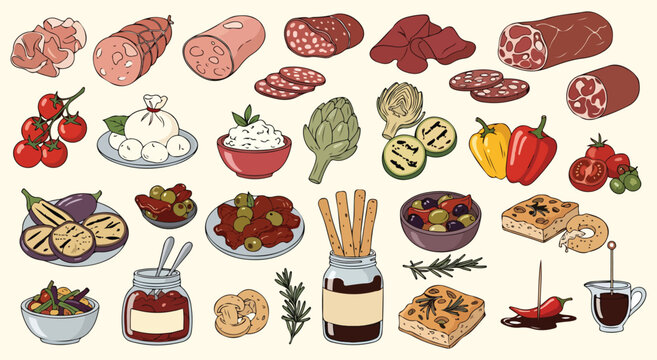 Italian Antipasto. Gourmet Deli. A detailed hand drawn vector illustration set of cured meats, cheeses, and olives for food packaging, a delicatessen menu, or a culinary blog graphic.