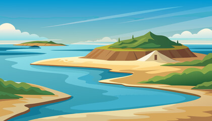 Fototapeta premium Stylized cartoon landscape of a serene tropical island with a river flowing into the ocean and a tent on the beach