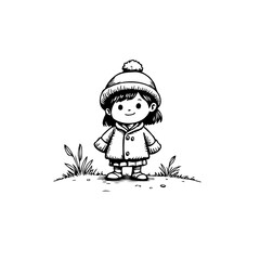 Adorable little girl in winter clothes standing on a grassy hill illustration style design minimal