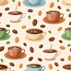 Obraz premium Fun seamless coffee cups and beans pattern on beige background, perfect for cafe branding, textiles, wallpapers, wrapping, and cozy kitchen vector designs.
