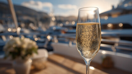 Elegant yacht guest enjoying champagne on deck with natural light