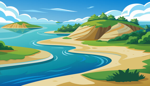 Vibrant illustration of a serene coastal landscape with rolling hills and calm blue water