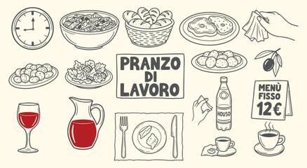 Italian Business Lunch. Work Menu. A hand drawn vector illustration set of trattoria food like pasta, wine, and coffee for a restaurant menu, promotional flyer, or social media graphic.