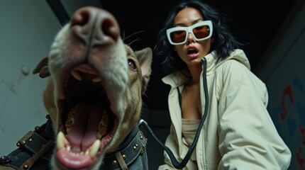 Nighttime street portrait of South Korean woman with angry dog in foreground shot from extreme low angle with harsh flash lighting and gritty film aesthetic

