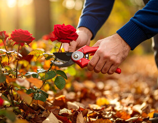 Pruning red roses in garden during autumn, showcasing hands using gardening shears with fallen leaves around