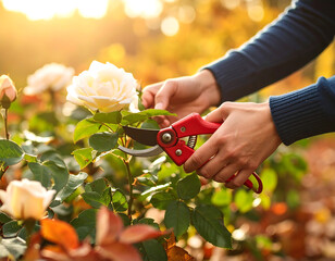 Gardener carefully pruning white roses with red pruning shears in vibrant autumn garden, showcasing nature beauty