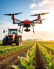Drone flying over cornfield with tractor background showcases modern agricultural technology. scene captures essence