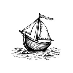Sketch illustration of a small sailboat sailing on the water with rocks and waving flag