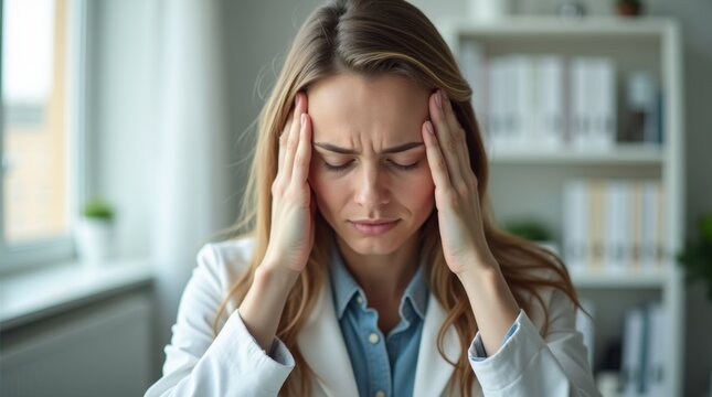 Professional medical concept featuring female patient experiencing migraine symptoms during healthcare consultation appointment

