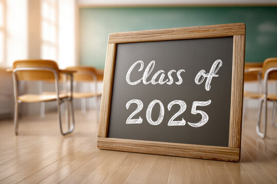 Classroom chalkboard display celebrating graduating class of 2025 for school decoration or commemorative event