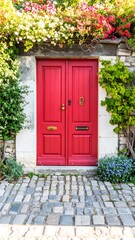 Red door framed by vibrant flowers and stone wall