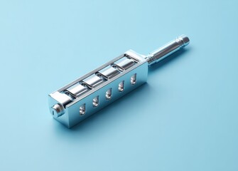 Chrome Metal Device on Blue Background: Industrial Design