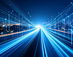 Dynamic light trails create sense of speed and innovation, showcasing futuristic cityscape at night