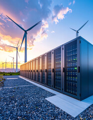 Renewable energy data center with wind turbines at sunset, showcasing sustainable technology and innovation in energy storage