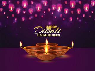 Happy diwali celebration greeting card with oil lamp