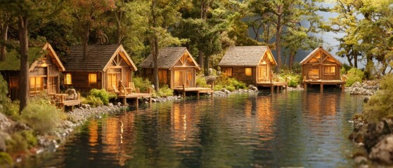 Fototapeta premium Lakeside log cabins glowing with warm light nestled among trees and water view