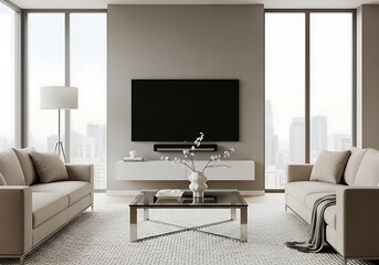 Modern living room interior with sofas, a coffee table, a tv, and large windows offering a view of the city, creating a stylish and comfortable space