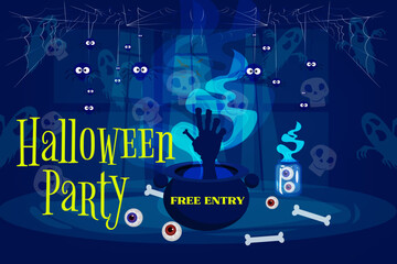 Bright design for a Halloween party with a mystical vibe: cauldron with smoke, hand, ghosts, skulls, spiders and webs, bones, and eyes. "Halloween Party" and "Free Entry" text adds festive flair. 