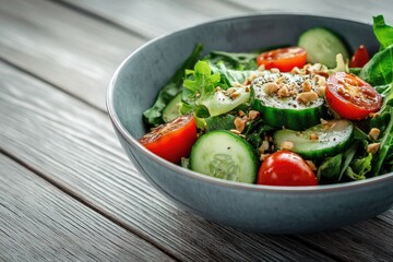 Fresh salad in a bowl on a wooden table