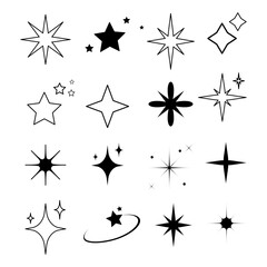 Obraz premium Minimalist Y2k Star and Shine Symbol Collection. Black silhouettes and outline sparkle icons star shapes, glows, twinkles,light bursts, for digital design, stickers, logos, web elements, print. Vector