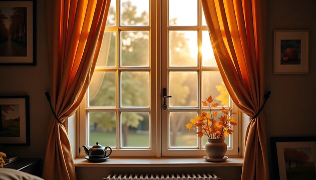 Beautiful cozy window with orange curtains and sunlight shining through the glass
