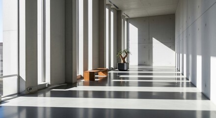 Obraz premium Rhythmic Sunlight and Shadows Stripe a Minimalist Concrete Hallway with a Solitary Wooden Bench.