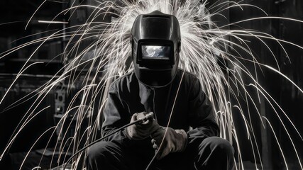 Intense Industrial Scene of a Welder in Protective Helmet and Gloves Surrounded by Bright Sparks During Metalwork, Perfect for Construction, Engineering, and Skilled Labor Photography
