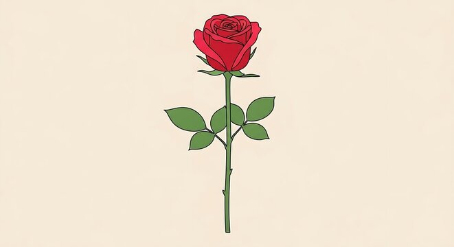 Illustration of a single red rose with green stem and leaves on a light beige background