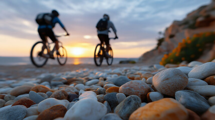 Couple Biking in Summer with Helmets on a Scenic Trail