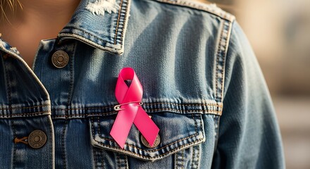 Awareness Campaign Icon: Close-Up of Pink Ribbon Symbol for Breast Cancer Awareness on Denim Jacket, Promoting Health, Support, and Advocacy in Fashion for Charitable Events or Initiatives