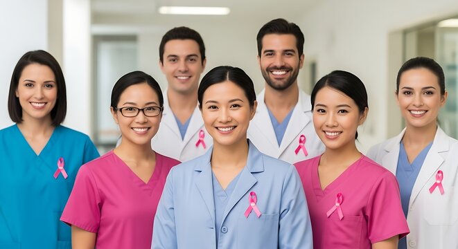 Diverse Group of Healthcare Professionals Standing Together in Medical Facility, Promoting Breast Cancer Awareness with Pink Ribbons, Showcasing Unity, Compassion, and Professionalism in a Clinical