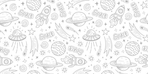 doodle space pattern background. Space background. Seamless pattern with cartoon space rockets, planets, stars. space element seamless pattern background.