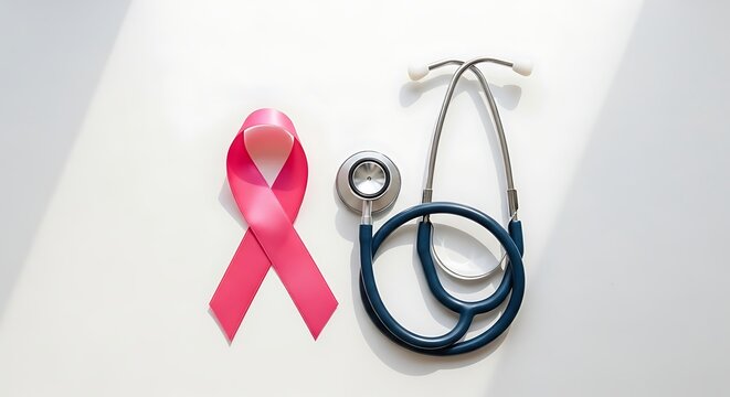 Empowering Breast Cancer Awareness: A Pink Ribbon Symbolizing Hope Alongside a Stethoscope on a Clean Background for Healthcare, Medical, and Wellness Campaigns Encouraging Early Detection