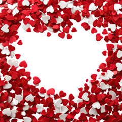 Red and white heart-shaped confetti border around a black heart-shaped hole