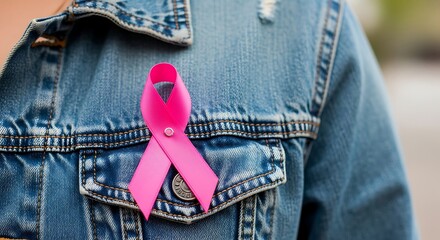 Empowering Pink Ribbon Awareness on Denim: Celebrating Cancer Survivors and Supporters with a Vibrant Symbol of Hope in a Casual Outdoor Setting for Philanthropic Campaigns