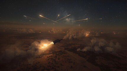 War Scene with Fireworks in Night Sky