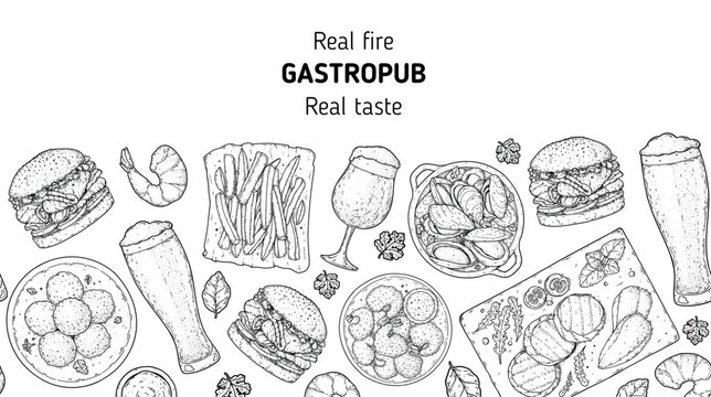Gastropub menu. Pub food and beer. Hand drawn vector illustration. Food and drink sketch. Top view. Hand drawn food collection for gastropub or pub menu design. Beer,