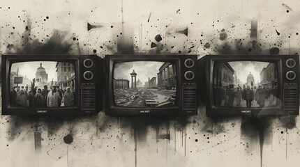 Retro Photo Collage of Four Television Sets Showcasing Historical Moments
