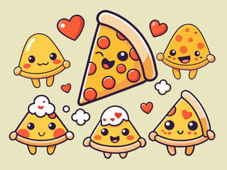Cute Cartoon Pizza Slices with Faces and Hearts on a Light Yellow Background