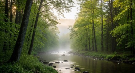 Obraz premium Sunlit Morning Mist Blanketing a Serene Forest River with Lush Green Trees