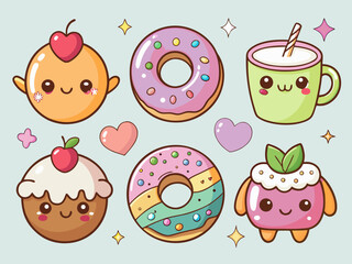 Kawaii Sweets Collection Adorable Donuts Cupcakes and a Drink with Cute Faces