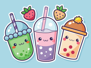 Kawaii Bubble Tea Illustration with Strawberries and Cute Faces on a Light Blue Background