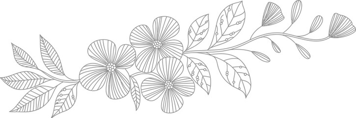 Floral Line Art with Gray Flowers and Leaves on Transparent Background Design