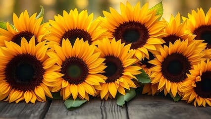 Obraz premium A close-up of sunflowers on a wooden surface with warm natural lighting.