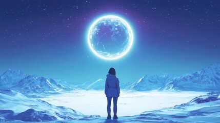 Obraz premium A distant planet with shimmering icy plains stretches out beneath the feet of a brave female astronaut.