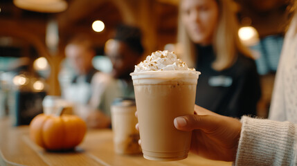Hand holding pumpkin spice latte with whipped cream at cozy cafe. Seasonal autumn coffee drink, warm festive beverage perfect for Halloween and fall comfort moments.