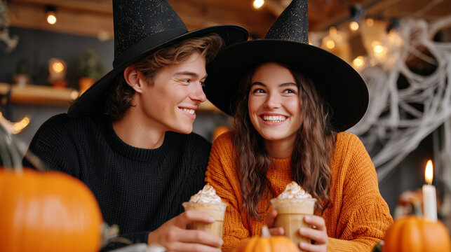 Young couple in witch hats enjoying seasonal pumpkin spice lattes at cozy Halloween cafe. Happy friends celebrating autumn holiday with festive costumes and warm drinks in atmospheric setting.