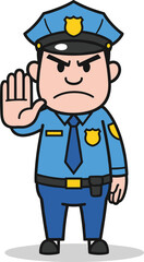 Cartoon police officer character illustration showing hand stop sign, strict law enforcement authority figure, vector design for security, safety, caution warning
