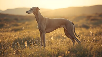 Greyhound Dog Standing in Tall Grass at Sunset